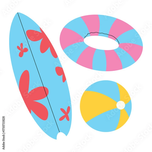 Obraz Surfboard, rubber ring, and rubber ball, PNG illustration.