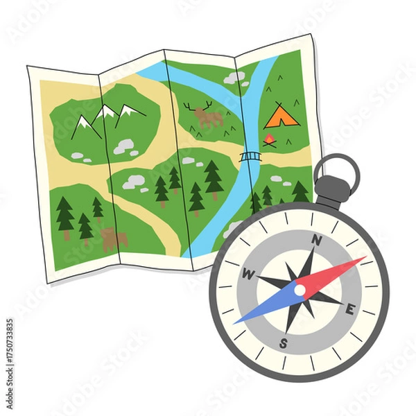 Obraz Map and compass, PNG illustration.