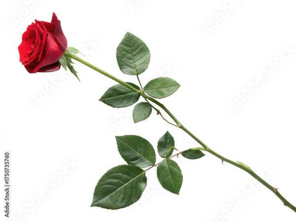 Obraz Single Long-Stem Red Rose Flower with Green Leaves, Romance Symbol, Isolated on Transparent Background