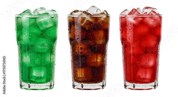 Fototapeta Three iced refreshing drinks green brown red soda cocktails beverages in glasses with ice cubes isolated on transparent background