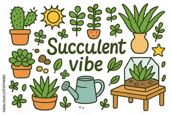 Fototapeta Succulent Doodle Art. Succulent vibe. Hand-drawn doodle illustration of Succulent vibe. succulents, cactus,