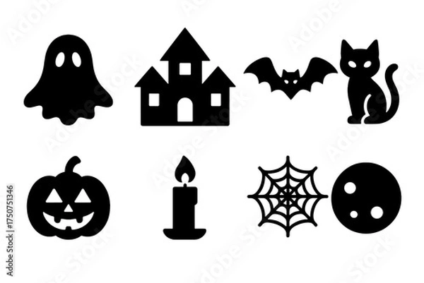 Fototapeta Ghostly Icon Set. Ghostly Gathering. Filled icon set of Ghostly Gathering: ghost, haunted house, bat, black