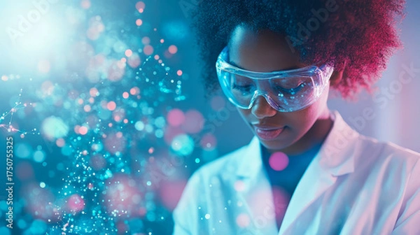 Fototapeta Pioneering discovery: Young African American scientist in safety goggles immersed in vibrant, data-rich technological lab environment, surrounded by glowing blue and pink digital particles