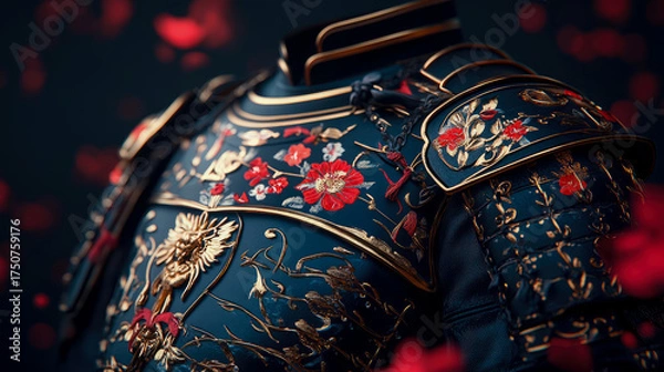 Fototapeta Ornate dark teal samurai armor featuring intricate gold outlines, delicate red and white floral embroidery, and textured patterns, beautifully displayed with shallow depth of field and soft red bokeh 