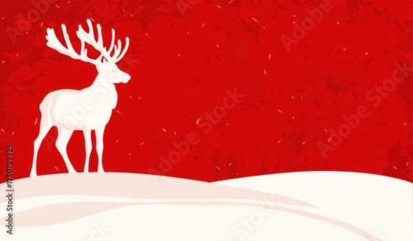 Obraz Minimalist Christmas illustration with a white reindeer silhouette standing on snowy hill against a red background. Festive holiday design with simple shapes and textured style