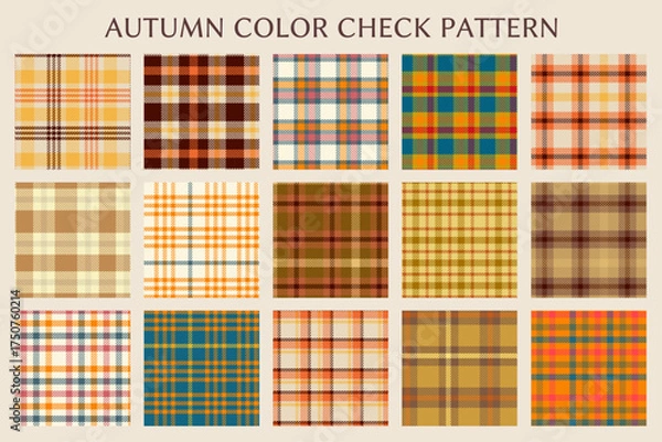 Obraz 秋色カラーのチェックパターンセット15種類　秋の雰囲気を感じさせるタータンチェック・壁紙やデコレーション、ファブリックアイテムに似合うパターン