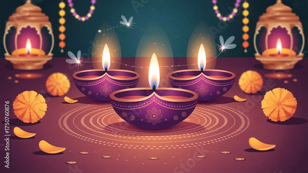 Fototapeta Diwali illustration with glowing purple diyas on ornate rangoli, marigolds, lamps and fireflies, radiating festive light, joy, prosperity and spiritual ambiance