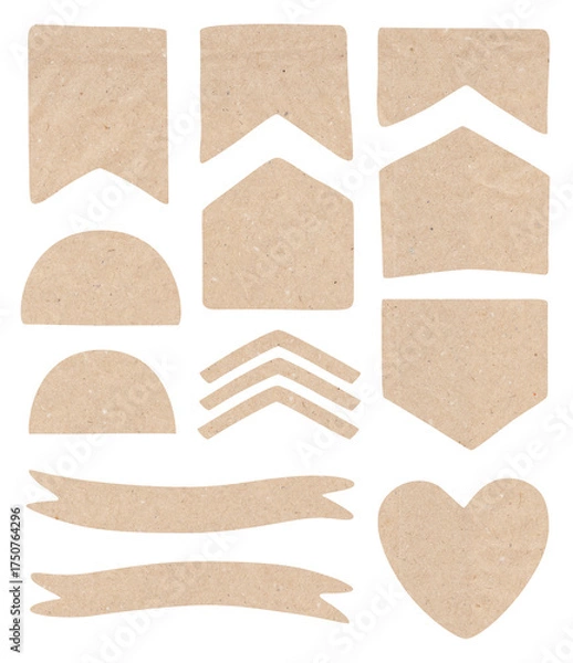 Obraz Collection of kraft paper shapes and labels isolated on white background, eco natural decorative design elements