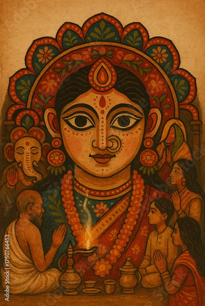 Fototapeta Vibrant indian folk art depicting a goddess with ornate headdress