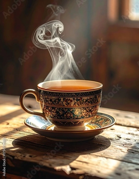 Fototapeta Steaming cup of tea on a rustic wooden surface
