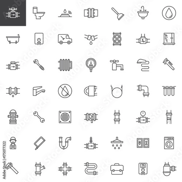 Fototapeta Plumbing line icons set, outline vector symbol collection, linear style pictogram pack. Signs, logo illustration. Set includes icons as valve, toilet, plumber, pipes, bathtub, wrench, washer machine
