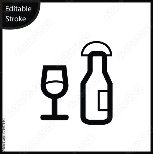 Obraz A minimalist linear icon featuring a wine glass next to a sealed bottle, set on a white background. This simple, editable stroke symbol is perfect for UI design, web and mobile applications, menus.