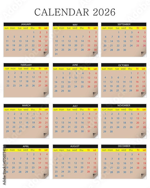 Obraz Calendar 2026  12 months yearly vector calendar in year 2026 calendar template planner calendar