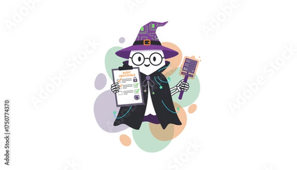 Fototapeta Friendly cartoon skeleton wizard auditing security protocols and managing data