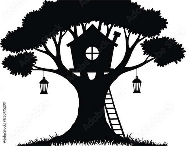 Obraz Silhouette of Treehouse with Ladder and Lanterns – Peaceful Nature Retreat for Childhood Adventure, Imagination, and Forest Escape in Black and White