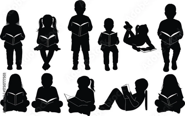 Obraz Silhouette vector illustration of children reading books in different poses symbolizing education, learning, imagination, knowledge, and childhood curiosity