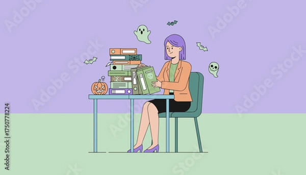 Fototapeta Smiling businesswoman organizing festive Halloween office files with ghosts and bats