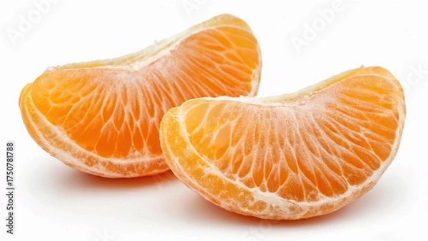 Fototapeta A close-up of two bright orange, peeled citrus fruit segments, such as tangerine, on a white background.
