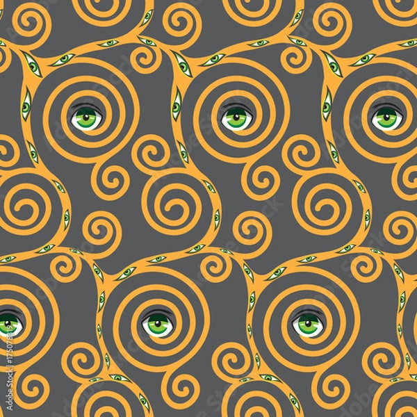 Obraz Vector eyes design seamless memphis pattern.Fashionable modern stylish texture. Repeating geometric figures with anime eyes on a gray background.Happy Halloween background,card,wallpaper.