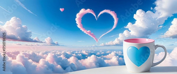 Fototapeta Romantic illustration with heart shaped clouds and cup. Pink heart clouds and small heart in blue sky. Adorable romantic scene with floating hearts and mug.