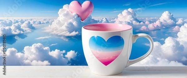 Fototapeta Pink heart floating in sky with white mug illustration. Shiny pink heart and mug with blue heart design. Cute heart and heart decorated mug floating above clouds.