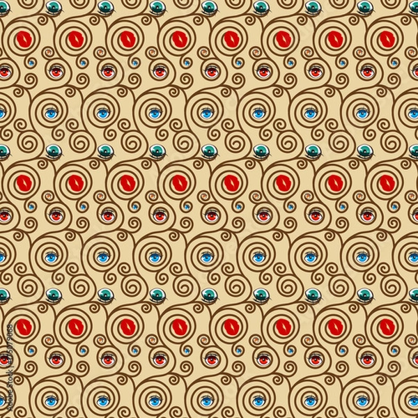Obraz Vector memphis design seamless pattern. Modern stylish texture. Repeating geometric figures on a transparent  background.Abstract decorative texture patterns with anime eyes and sexy red lips 