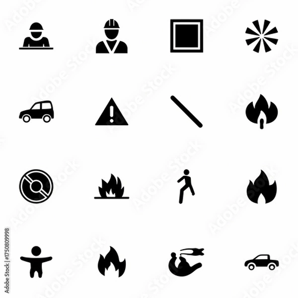 Obraz A collection of sixteen diverse black silhouette icons on a white background, including people, vehicles, fire, and geometric shapes.