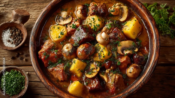 Fototapeta Buckwheat porridge with pieces of meat and mushrooms on a dark wooden background. Top view.