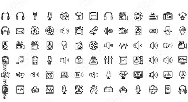 Obraz Assortment of audio and media icons, including headphones, microphones, and speakers, isolated on transparent background