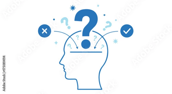 Obraz Illustration of a human head with a large question mark above it, isolated on transparent background