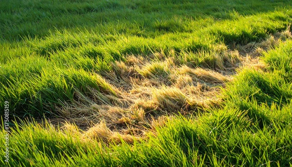 Obraz 芝生の中に枯れた斑点が現れ管理や気候の影響を示すリアルな様子