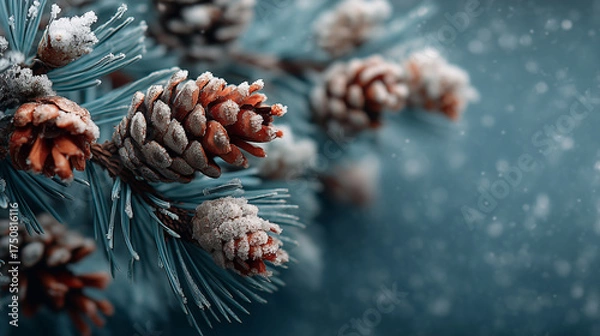 Fototapeta Branch With Pine Cone And Snow Flakes - Christmas Holidays Background