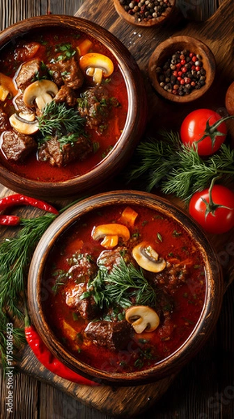 Fototapeta Buckwheat porridge with pieces of meat and mushrooms on a dark wooden background. Top view.