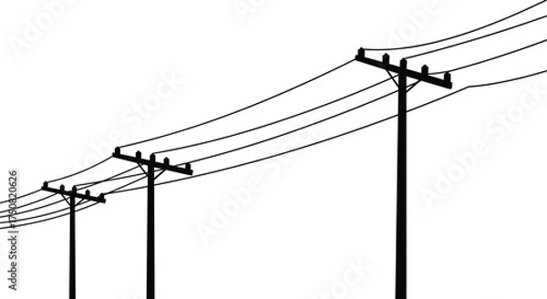 Fototapeta Electric power poles and transmission lines silhouette vector illustration showing energy supply network and electrical distribution infrastructure design for industry
