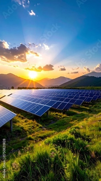 Fototapeta Sunset over a mountain range with solar panels in a grassy field