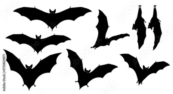 Fototapeta Spooky Halloween bat silhouettes vector set. Collection of black flying and hanging nocturnal animals isolated on white background