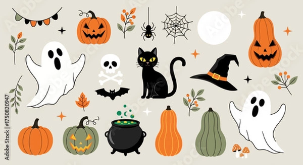 Fototapeta A cute collection of various Halloween vector icons and spooky clipart elements isolated on a background