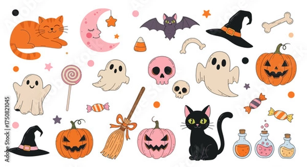 Obraz A charming collection of hand-drawn Halloween clipart featuring cute ghosts, pumpkins, cats, and spooky accessories