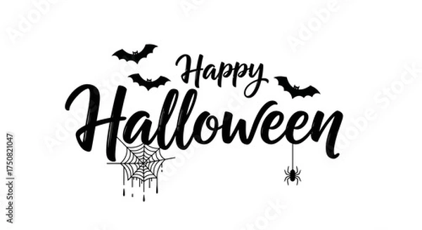 Fototapeta Happy Halloween calligraphy greeting with spooky bats, a spider, and a dripping cobweb vector illustration