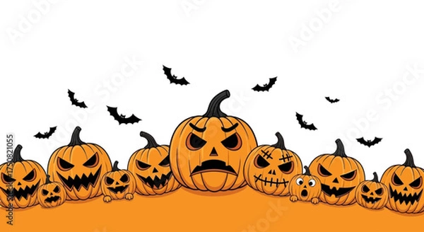 Fototapeta A vector illustration of a group of scary carved pumpkins and bats celebrating Halloween on a white background