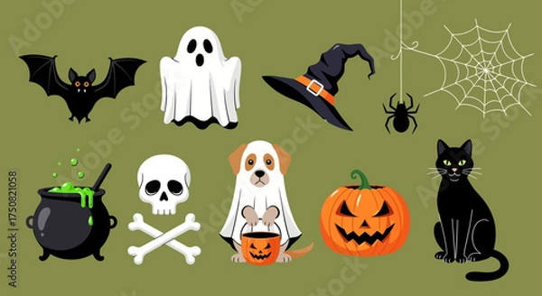 Fototapeta A comprehensive vector set of classic Halloween characters and symbols, including a cute ghost dog, spooky bat, and jack-o-lantern