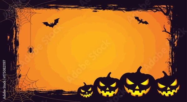 Fototapeta Spooky Halloween background illustration with glowing jack-o'-lanterns, scary bats, and a spiderweb grunge border