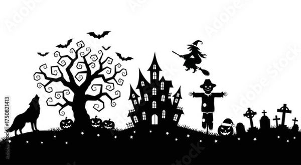 Fototapeta A spooky Halloween landscape silhouette featuring a haunted house, graveyard, howling wolf, and flying witch