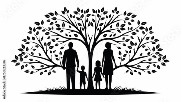 Fototapeta Silhouette of a loving family standing beneath a flourishing tree, symbolizing growth, unity, and the beauty of togetherness for family values and generational legacy