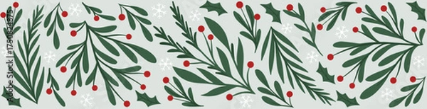 Obraz Classic Winter Horizontal Border with Snowy Green Foliage and Red Berries