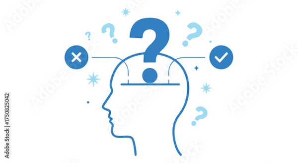 Obraz Conceptual illustration of a person thinking with question marks and checkcross symbols isolated on transparent background