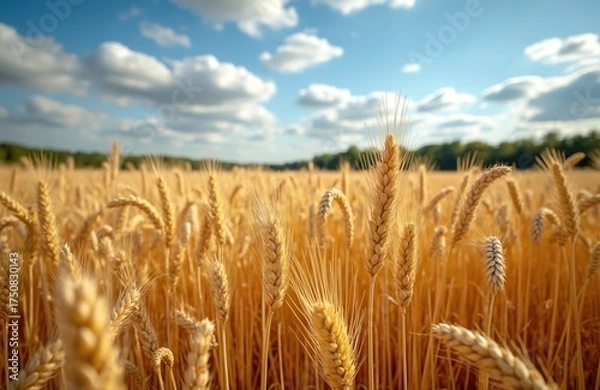 Fototapeta Golden wheat field in Swedish countryside on sunny day. Mature wheat crops grow in vast agricultural land. Blue sky with white clouds above. Green trees in background. Farm land with cereal crop.