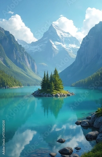 Fototapeta Small island with pine trees in calm turquoise lake surrounded by mountains, forest. Snow-capped peak in background under blue sky with white clouds. Rocky shoreline, clear water reflecting scenery.
