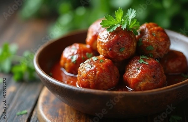 Fototapeta Meatballs in tomato sauce served in a brown ceramic bowl. Meatballs are garnished with fresh parsley leaves. Bowl is placed on a wooden table with blurred green background.