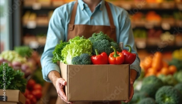 Fototapeta Person in apron holds cardboard box full of fresh vegetables. Green lettuce, broccoli, red bell peppers in produce box. Worker delivers healthy organic food for online market orders at grocery store.